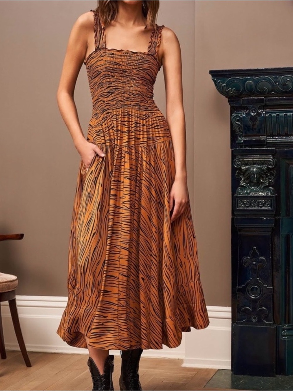 La Ligne Vera Smocked Orange and Black Tiger-Print Maxi Dress